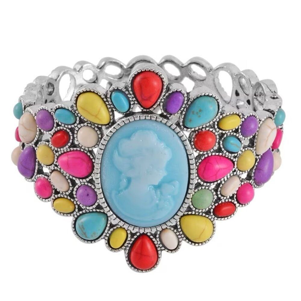 Cameo and Multi Color Howlite Silver Bangle 7”Bracelet 26.00 ctw New *